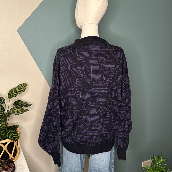 Vintage Mondo di Marco Geometric Sweater Purple Black Bold Knit L/52 Italy - Picture 5 of 9